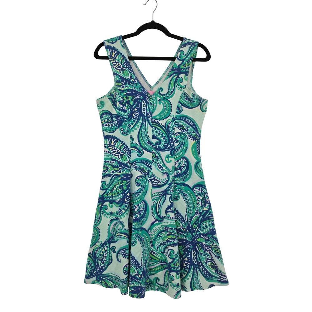 Lilly Pulitzer Blue Green Paisley Sleeveless V-Neck Fit Flare Dress Small Preppy